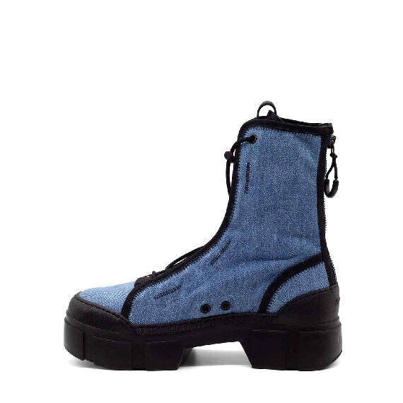 Roccia combat boots in washed light blue denim