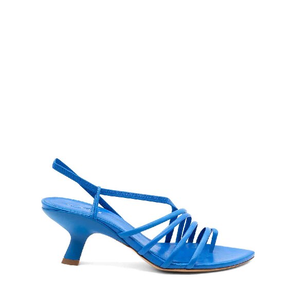 Asymmetric slash sandals in soft sky-blue nappa