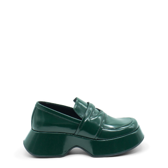 Mini yoko mocassino verde scuro in pelle di vitello spazzolato