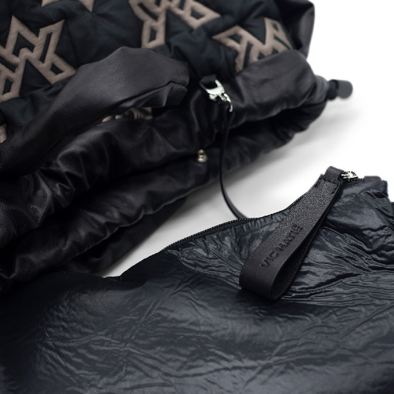 Penelope Vm<br/>Black and taupe branded nylon hobo bag