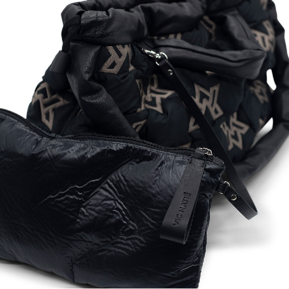 Penelope Vm<br/>Black and taupe branded nylon hobo bag