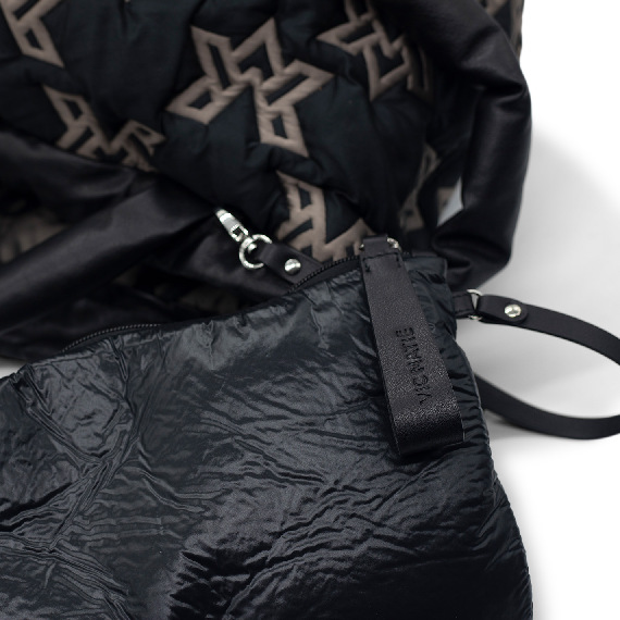 Penelope Vm<br/>Black and taupe branded nylon hobo bag