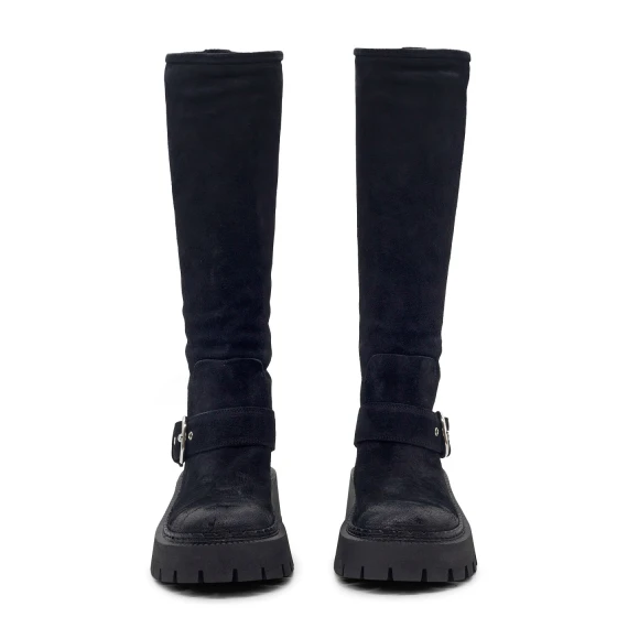 H04 Bob – Black biker boot in vintage calf suede  