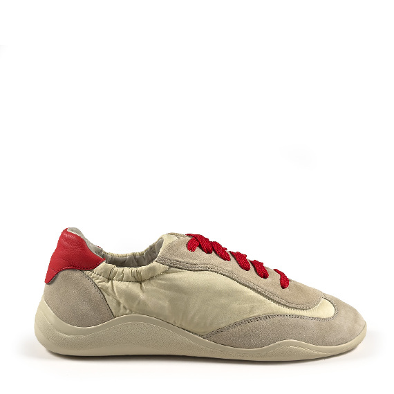 G32_Ondina<br>Low-top sneaker split leather/nylon beige/cream/red
