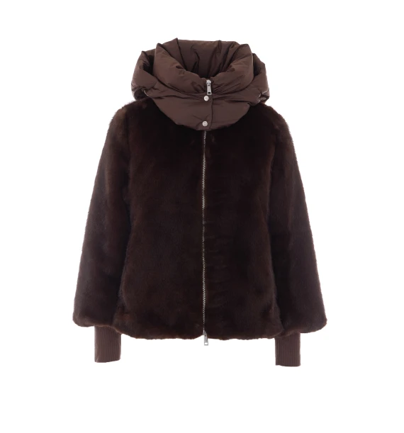 Brown Eco Fur Jacket with Frontal Add