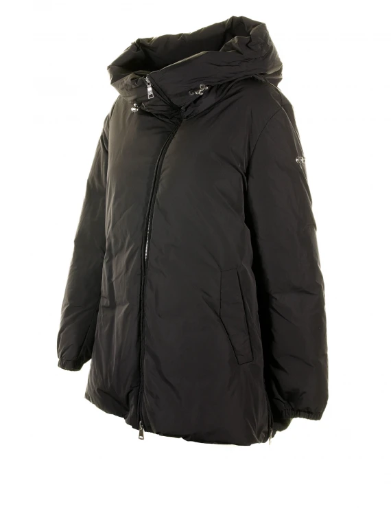 Black women's down jacket with maxi hood and zip