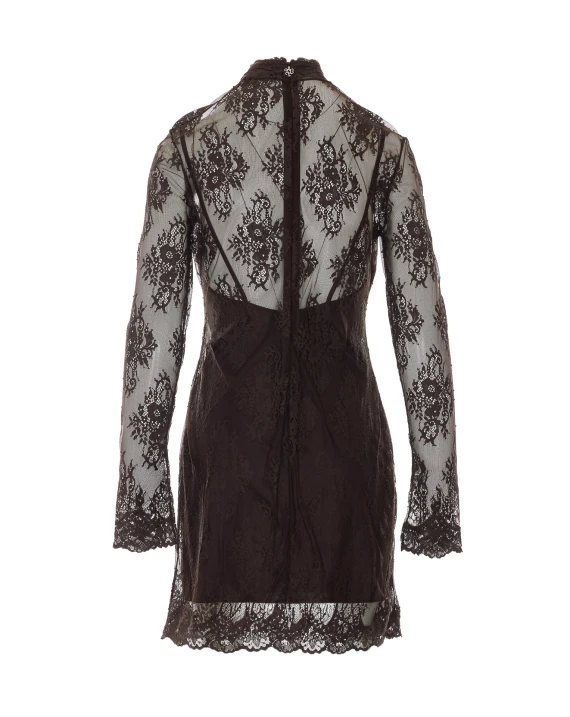 Dark brown mini dress with high neck and lace Aniye By