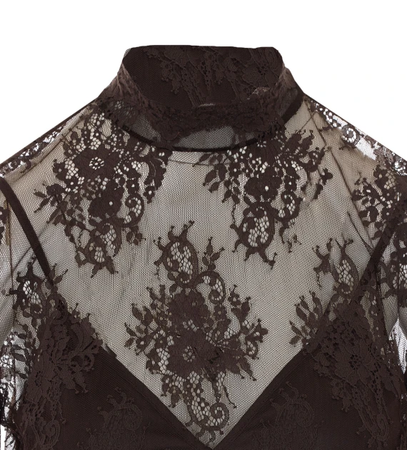 Dark brown mini dress with high neck and lace Aniye By