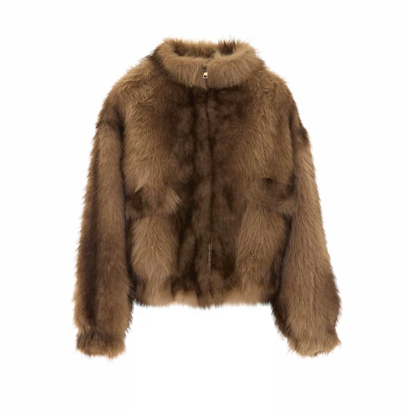 Beige Faux Fur Jacket with Frontal Zip Closure Aniye By