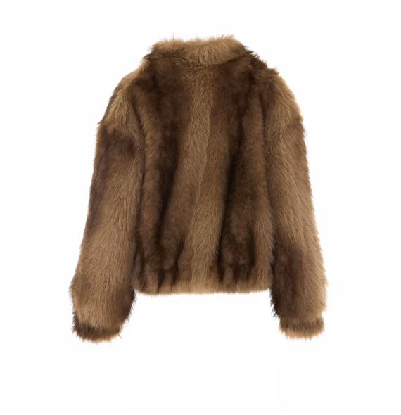 Beige Faux Fur Jacket with Frontal Zip Closure Aniye By