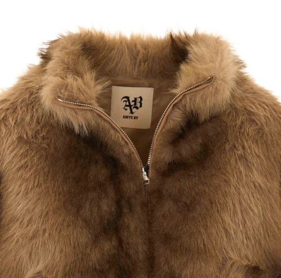 Beige Faux Fur Jacket with Frontal Zip Closure Aniye By