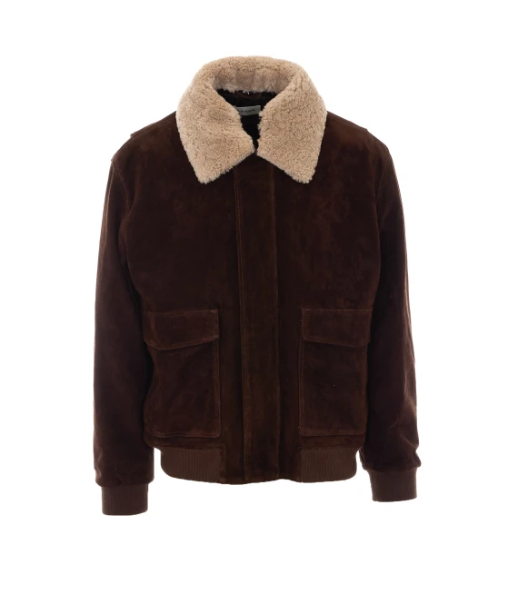 Giacca in pelle scamosciata marrone scuro con collo in shearling