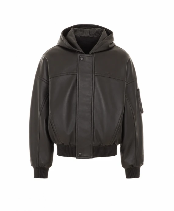 Black Leather Jacket with Zip and Buttons Closure Balenciaga