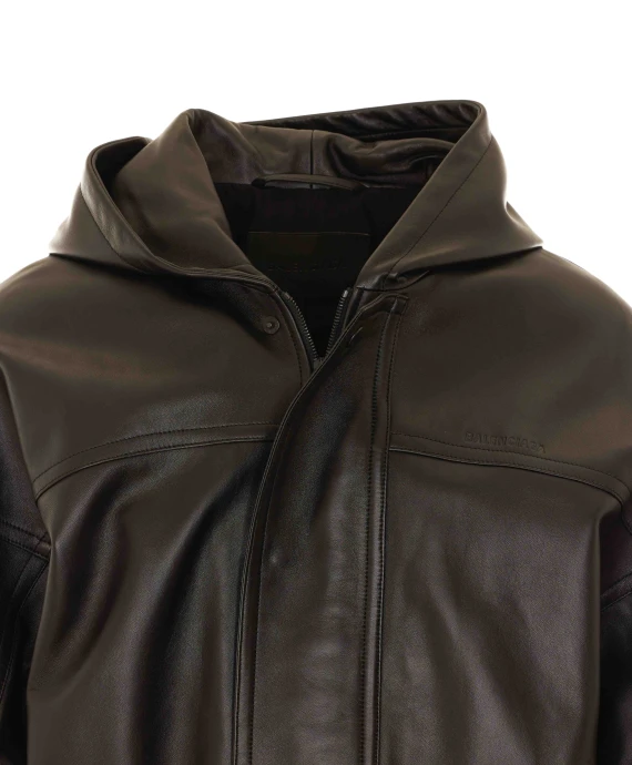 Black Leather Jacket with Zip and Buttons Closure Balenciaga
