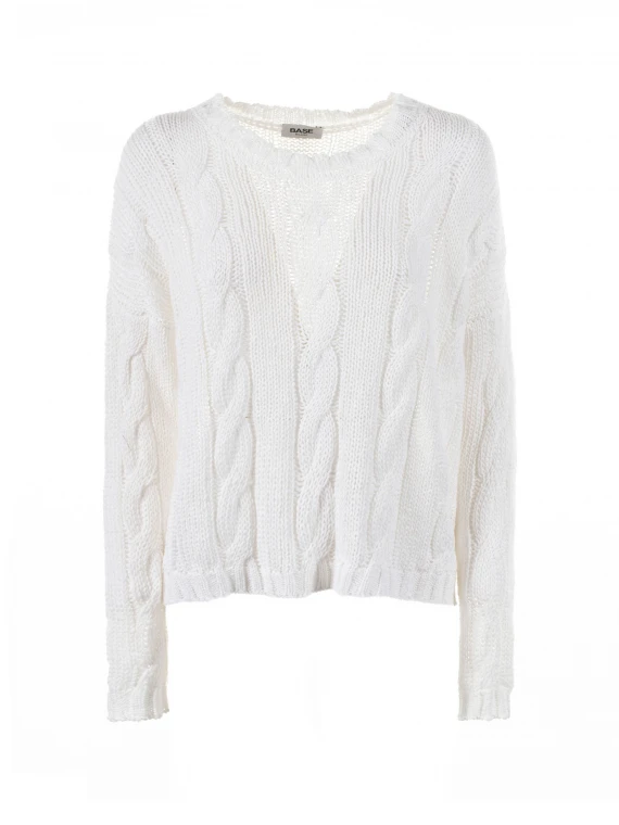 White crew-neck sweater with braid motif