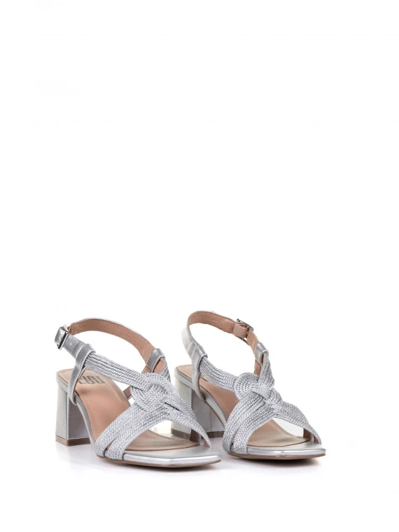 Silver braided sandal with strap and heel