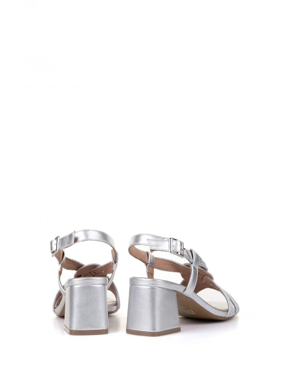 Silver braided sandal with strap and heel