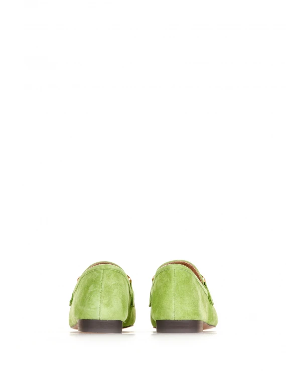 Green suede loafer with horsebit