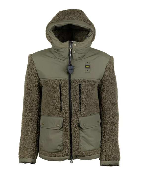 Piumino uomo verde bosco misto teddy con cappuccio