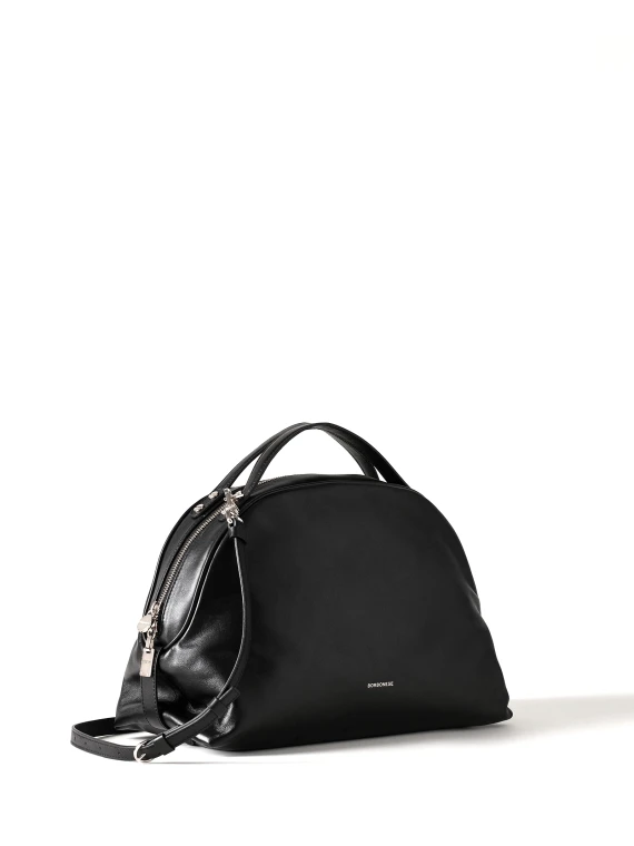 Medium Black Leather Bauletto Bag with Shoulder Strap