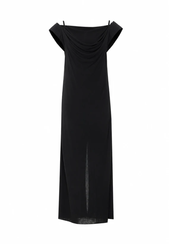 Abito lungo nero con spalline in pelle