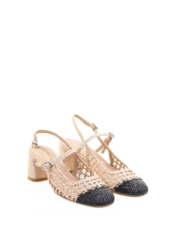 Beige perforated leather slingback pump