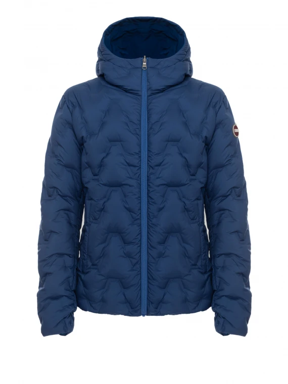 Reversible blue down jacket with zip and hood