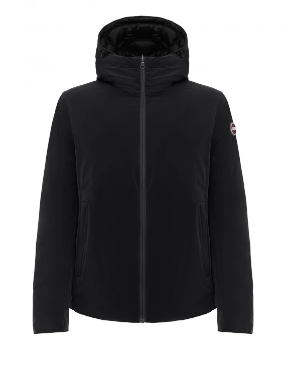 Reversible black down jacket with zip and hood