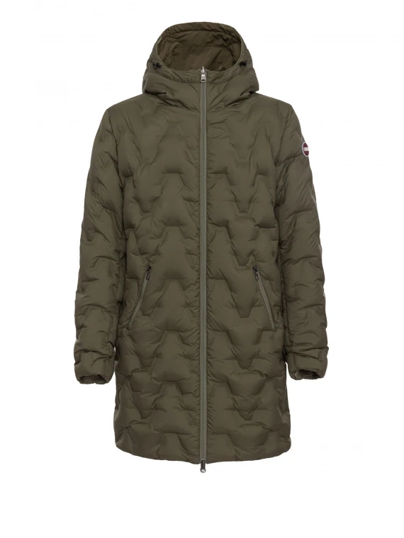 Long green reversible down jacket with zip and hood