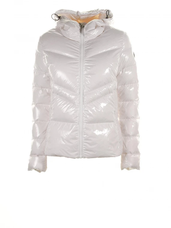 Shiny white down jacket with hood