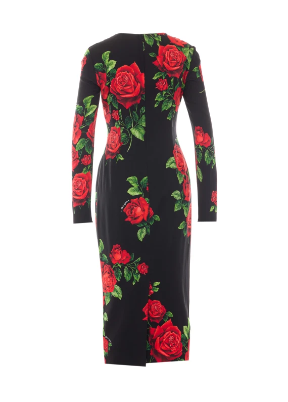 Rose Print Charmeuse Midi Dress Dolce & Gabbana