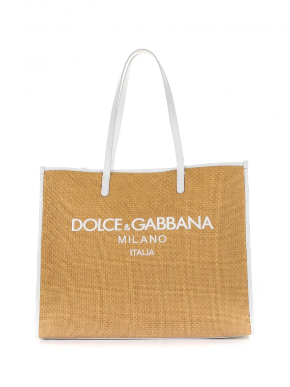 Large shopping bag in woven raffia with logo