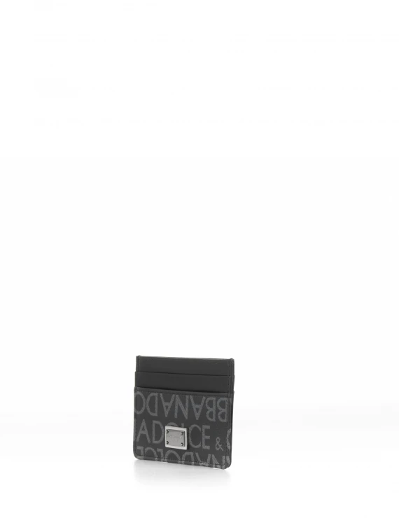 Black gray leather card holder with logo