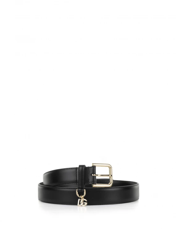 Black leather belt with mini logo