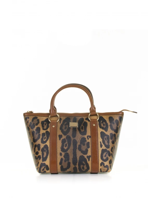 Shopping bag leopardata in pelle con targhetta logo