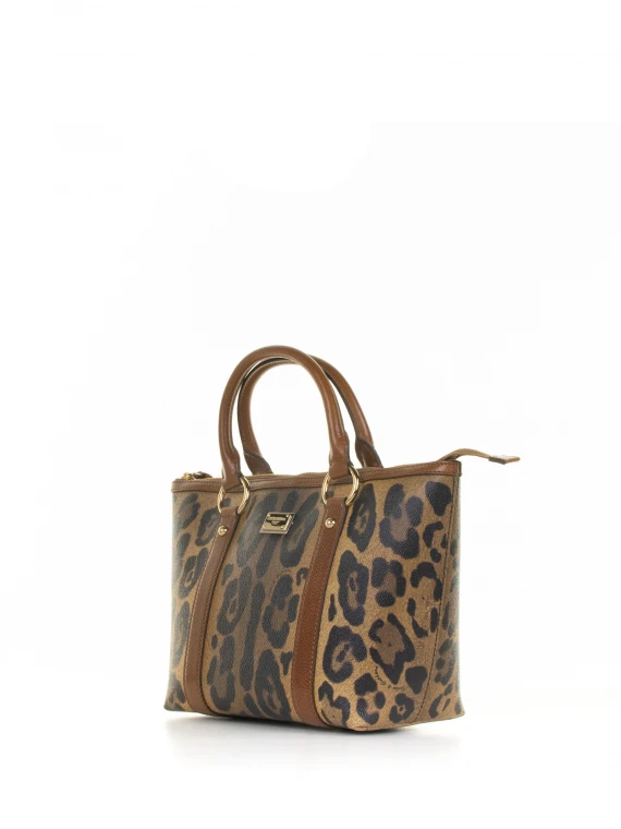 Leopard leather shopping bag with logo plate