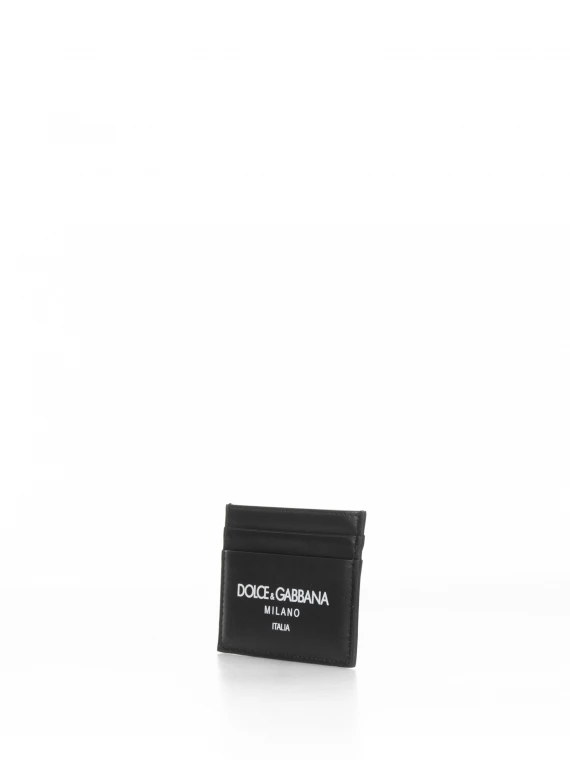 Black leather card holder with contrasting logo