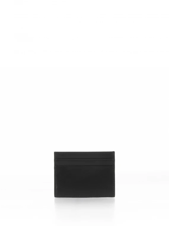 Black leather card holder with contrasting logo
