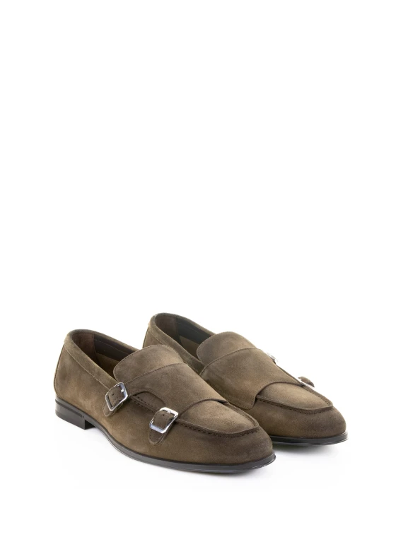 Olive suede moccasin with double buckle