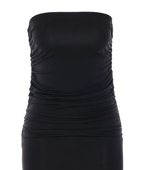 Abito lungo nero con spalle scoperte e rouches Elisabetta Franchi