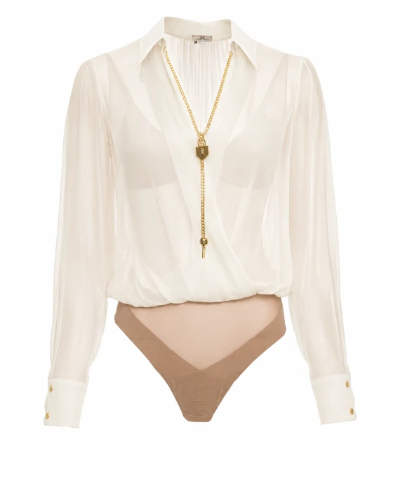 Avorio Georgette Fabric with Jewel Chain Bodysuit