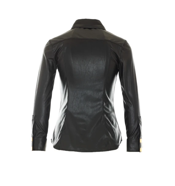 Black Faux Leather Shirt with Frontal Buttons Closure