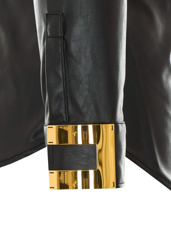 Black Faux Leather Shirt with Frontal Buttons Closure