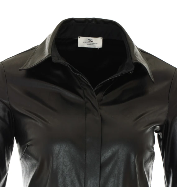 Black Faux Leather Shirt with Frontal Buttons Closure
