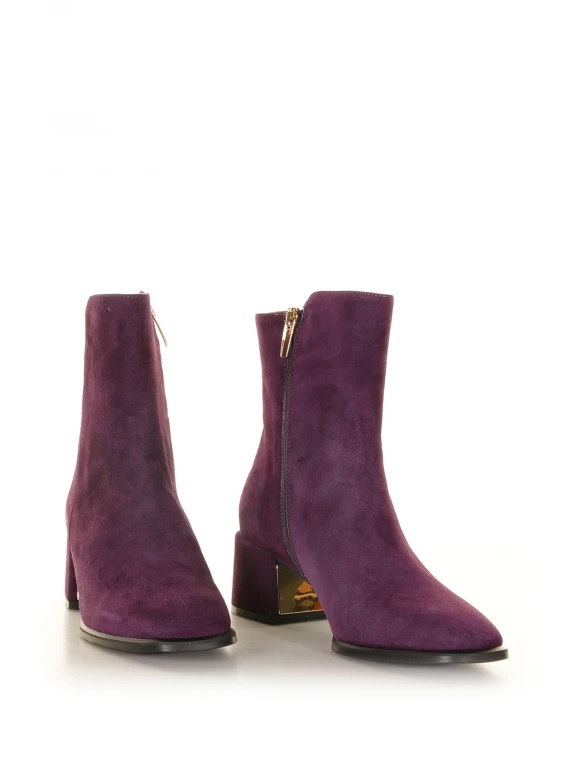 Purple suede ankle boot with zip