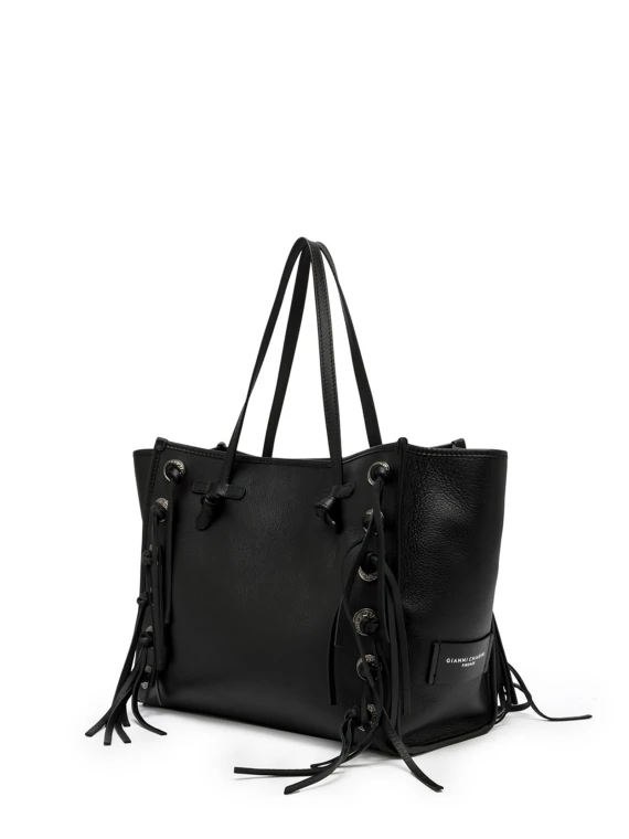 Marcella black leather bag with fringes