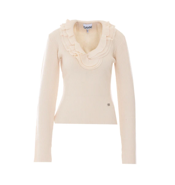 Maglia in lana merino avorio chiaro con volant GANNI