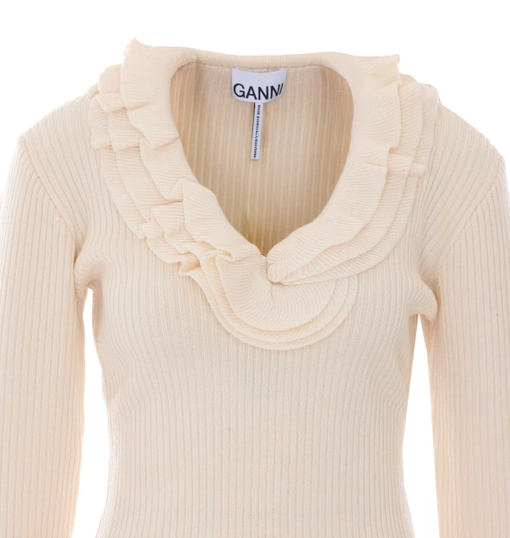 Ivory merino wool long-sleeve top with ruffles GANNI