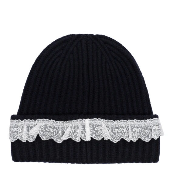 Dark blue wool beanie with lace GANNI
