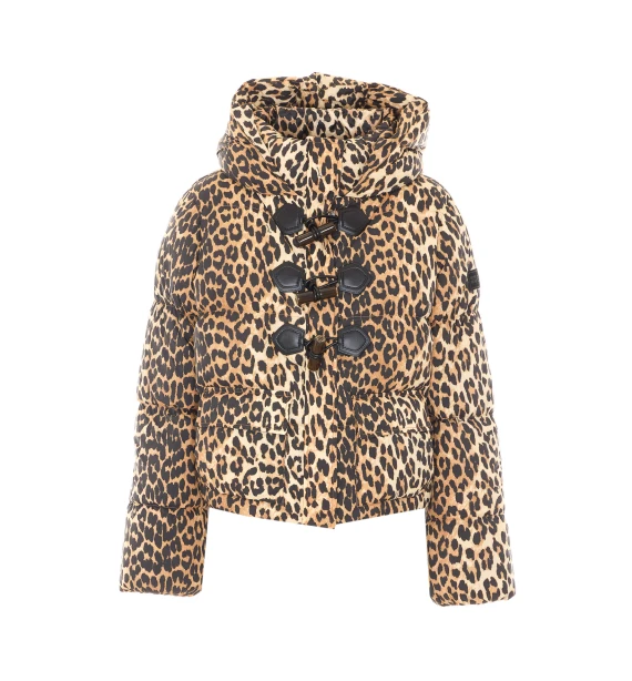 Piumino marrone Leopard Future con cappuccio GANNI